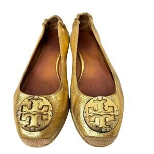 TORY BURCH The Reva Crackled Metallic Leather Espadrilles  Women's Size 9.5 M